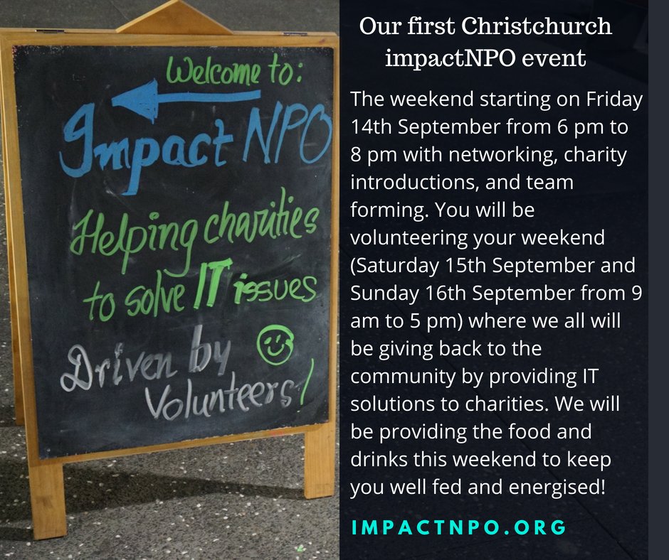 Would you be interested in using your IT/design skills to make changes in the community?
Join our first charity hackathon in Christchurch on the weekend of 14-16 September!🔥🔥🔥🔥🔥
Register at impactnpo-sep2018.eventbrite.co.nz