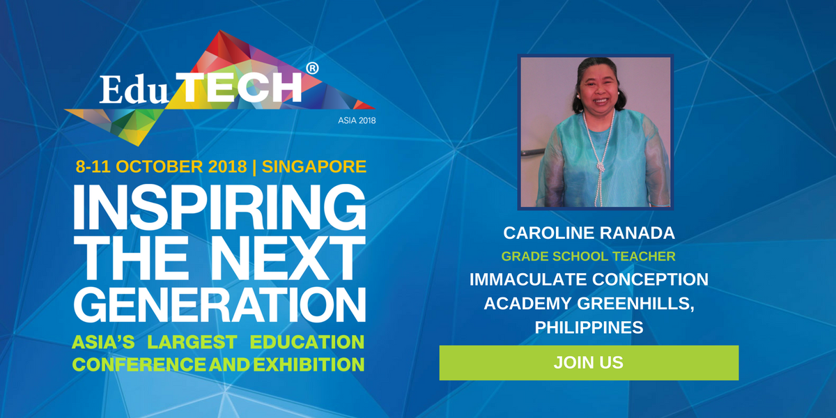 edutech_asia's tweet photo. Delighted to welcome Caroline Ranada, Grade School Teacher, Immaculate Conception Academy Greenhills, Philippines as a #teachtechtalk speaker at #EduTECHAsia on 8-10 October at Suntec, ๐ธ๐ฌ! Get your tickets now at https://t.co/Md8J4i3ARz https://t.co/yzQjCTgPuW