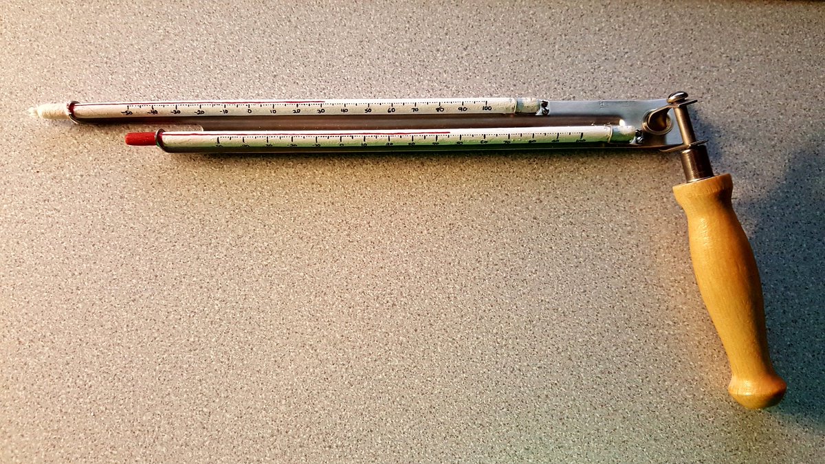 WXKnapper's tweet photo. After shaping the dowels, painting, attaching to the sling and putting a sock on the faux-wet-bulb, our @MWObs educational sling psychrometer is finished. #nh #weatherinstrument #teachingtool https://t.co/XBGumqcbQs