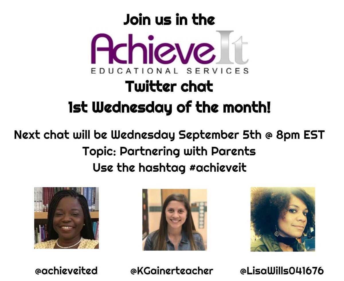 Join myself and @KGainerteacher for the #AchieveIt chat on Wednesday, Sept. 5th @ 8pm EST. We will have a special guest host @LisaWills041676  as we discuss strategies for creating Partnerships w Parents. #boldschool #leadered #leadupteach #kidsdeserveit