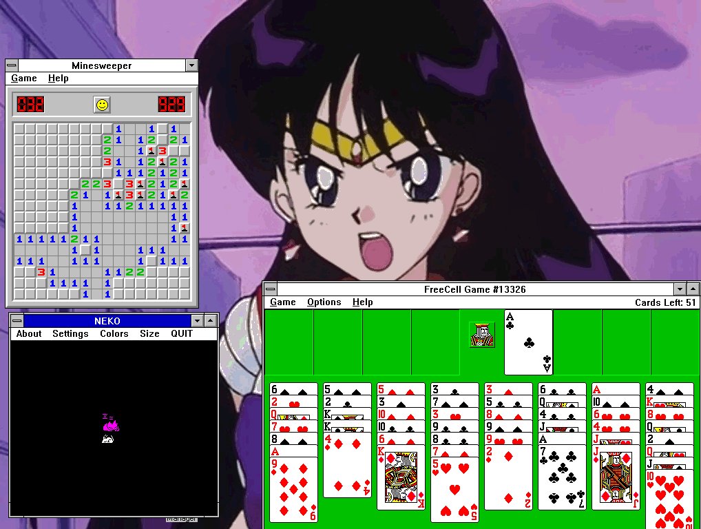 surprisingly large windows 3.1 screenshot showing a 1024x768 resolution with minesweeper, neko the cat, and a freecell game in front on sailor mars' angry expression