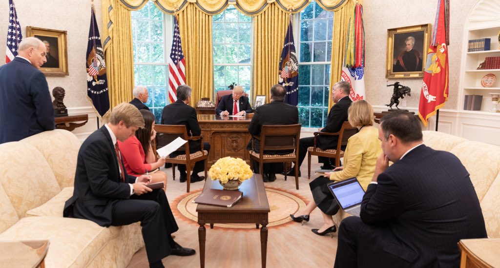 Scavino45's tweet photo. President @realDonaldTrump holds meeting in the Oval Office this afternoon regarding North Korea. #BehindTheScenes https://t.co/MBIX06ZqRZ
