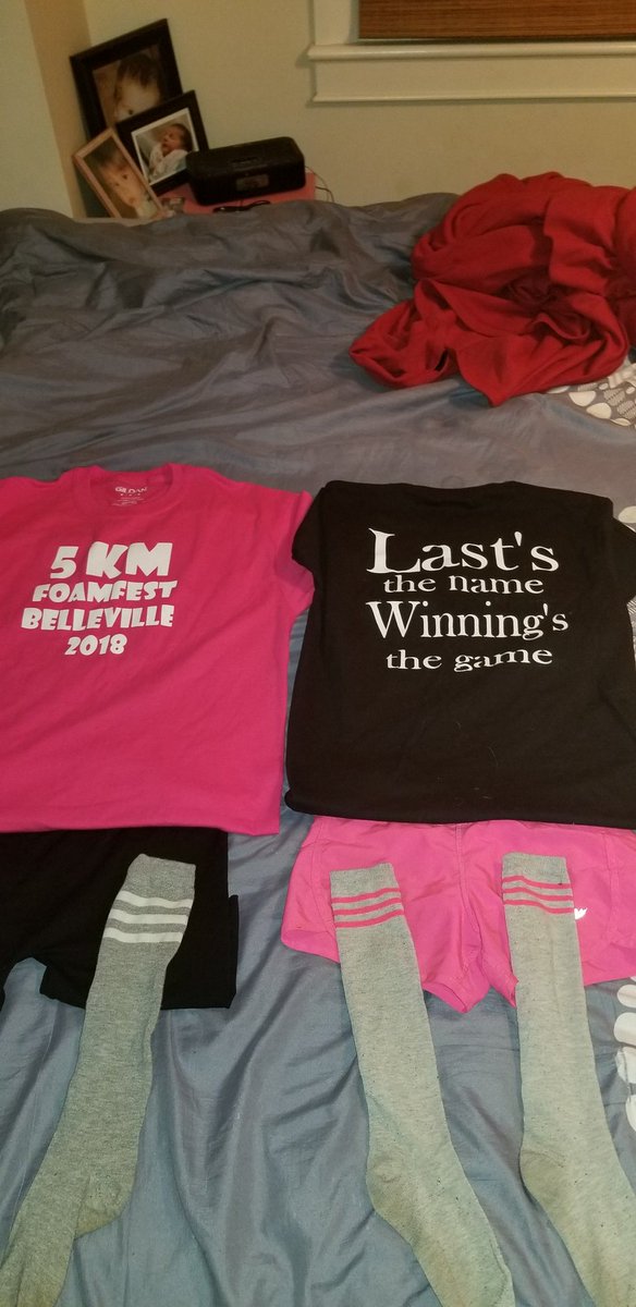 Hawtmoma13's tweet photo. tomorrow is the day!! my mini me @maddigins13 and me take on the  @5kfoamfest #5kfoamfest #belleville #2018 "Last's the name winning's the game' #teamlast #itsournamenotourplace #teamshirts #killinitwithmymini #hawtmoma #queenmadz #slay https://t.co/YUHegTLhdN