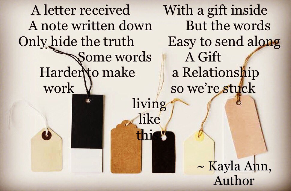 AuthorKaylaann's tweet image. “A letter received
With a gift inside
A note written down
But the words
Only hide the truth
Easy to send along
Some words
A Gift
Harder to make
a Relationship
work
so we’re stuck
living
like
this.” 
#poetry #emptygestures #poetsofinstagram
