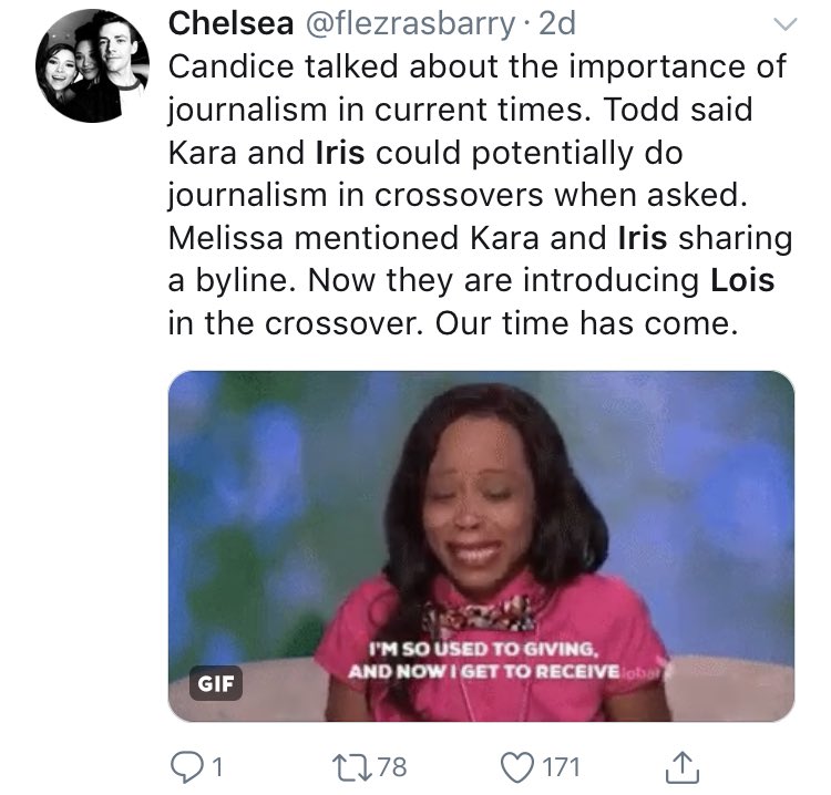 Fans want to see Iris/Kara/lois working together as journalists. Heroism without powers is not celebrated enough on these shows. Use these 3 as a way to do so! <a href="/chipeyt/">ChiPeyt</a> <a href="/GBerlanti/">Love, Greg</a> @SarahSoWitty <a href="/FLASHtvwriters/">FlashWritersRoom</a> <a href="/SupergirlStaff/">SupergirlWritersRoom</a> <a href="/jessicaqueller/">jessica queller</a> <a href="/SchwartzApprovd/">Beth Schwartz</a> <a href="/ARROWwriters/">#ARROWforever</a>