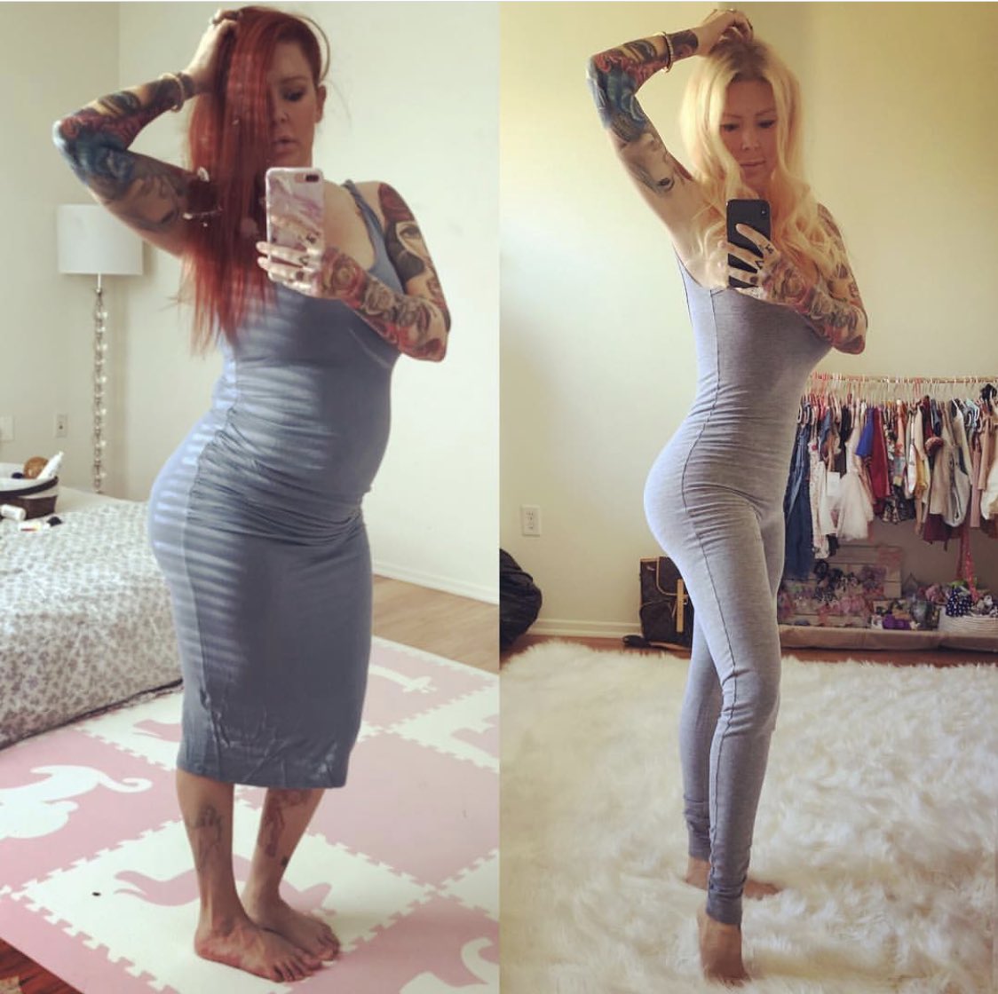 jennajameson's tweet photo. This is my before and after. I literally cut all processed garbage out of my diet. No packaged food. I only eat organic meat, fish and veggies. Zero sugar. No, I wasn’t pregnant in the before pic. 😯 #keto https://t.co/9macEQgAq9