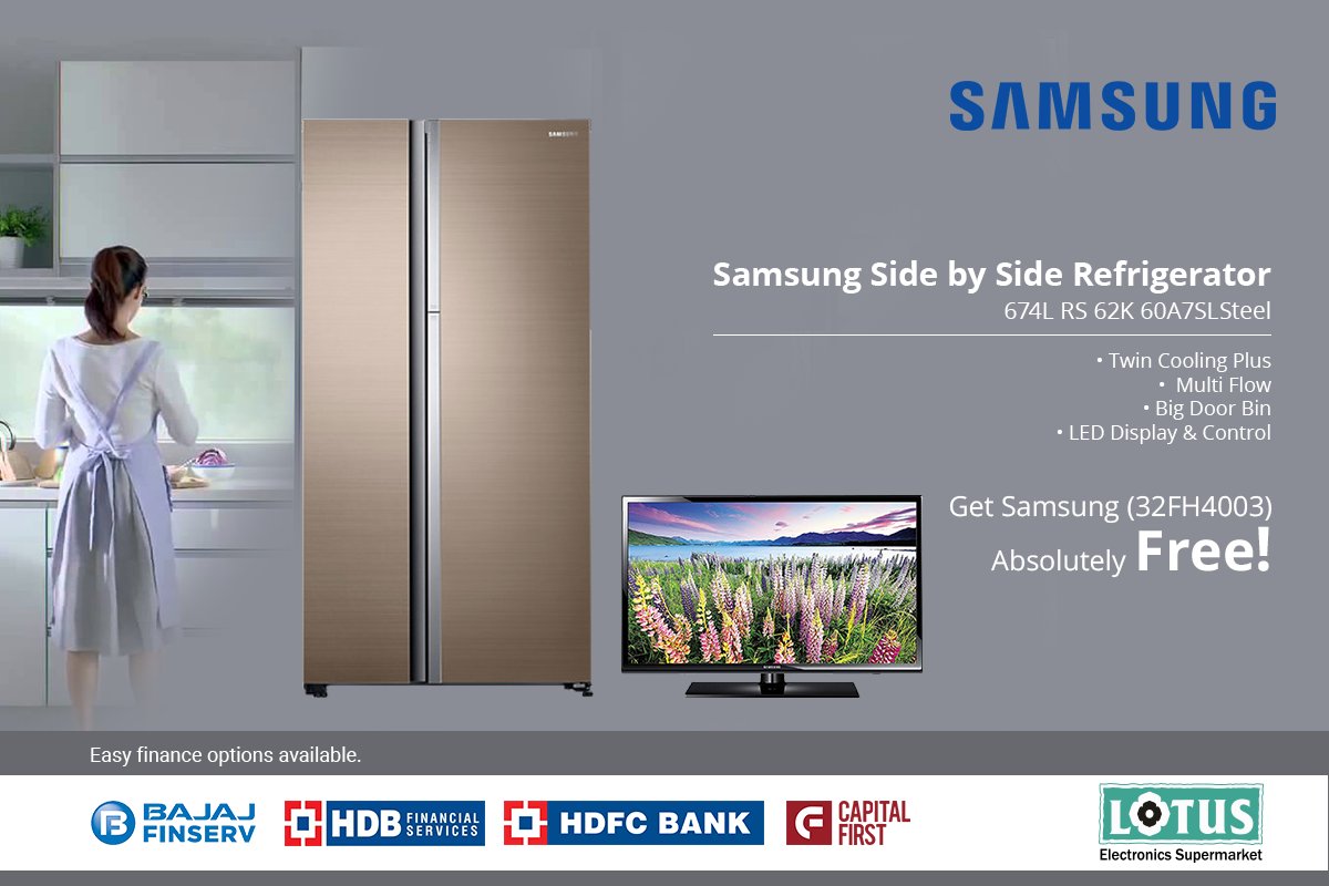 LotusElec's tweet image. Your food will remain fresh for days in the #Samsung RS62K60A7SL 674L #SidebySideRefrigerator.

Buy today from #LotusElectronics store and get Get Samsung (32FH4003) absolutely Free!

#TwinCoolingPlus #Indore #Bhopal #Raipur #Bilaspur #Ujjain #Nagpur #ThinkElectronics #ThinkLotus