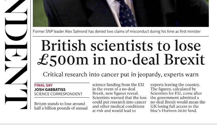 Scientists4EU's tweet photo. This is >£500m *per annum*, to be clear.

If no-deal Brexit stops ERC, MSCA &amp; SMEi grants from being signed from end March 2019 all way through to last H2020 grants signed in around April 2021, that’s a loss of over £1bn of high-value grants we’d otherwise have got. https://t.co/P4qHSHPQIA