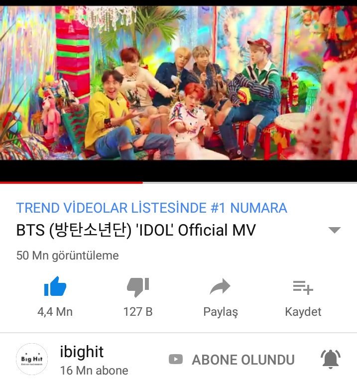 _iunique__'s tweet photo. Yaa #IDOL #50Mn oldu 4,4 like olmasıyla birlikte Bighit in youtube hesabı da #16Mn oldu tebrikler Bangtan, tebrikler Army 💜💜 @BTS_twt @BigHitEnt https://t.co/uSqv7CV2KD