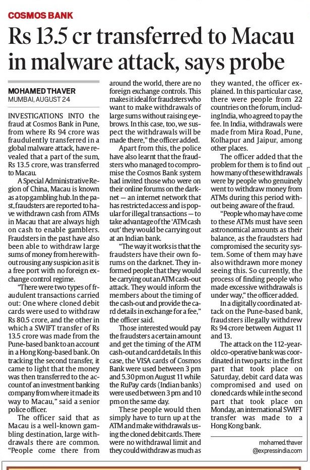 thaver_mohamed's tweet photo. Part of the Rs 94 crores fraudulently transferred from Pune based Cosmos bank has made its way to Macau known as a top gambling destination where cash can be withdrawn from ATMs without any major restrictions #cybercrime #ATMcashout https://t.co/rQc6rOgOKe