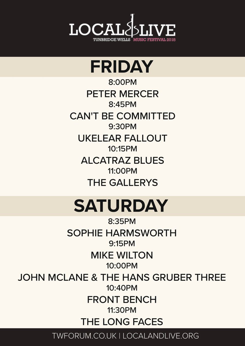 twforum's tweet image. Friday done, here's what is to follow this evening - come and get your wristband for £2 #DifferentColour #CollectAllFour @Local_and_Live #tunbridgewells