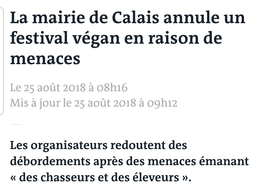 Permis de chasse à moitié prix, chasse à courre, et maintenant l'annulation d'un festival végan à Calais. Le lobby des chasseurs, qui défend le droit de tuer pour le plaisir, se porte décidemmment très bien dans le nouveau monde.
