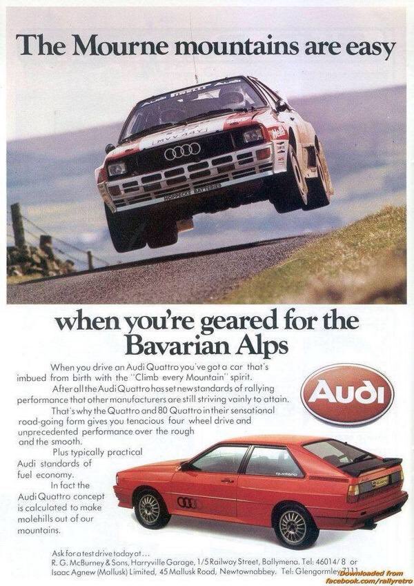 Why don’t manufacturers use their victories to advertise there products anymore? Audi celebrating their 1983 Ulster rally victory.