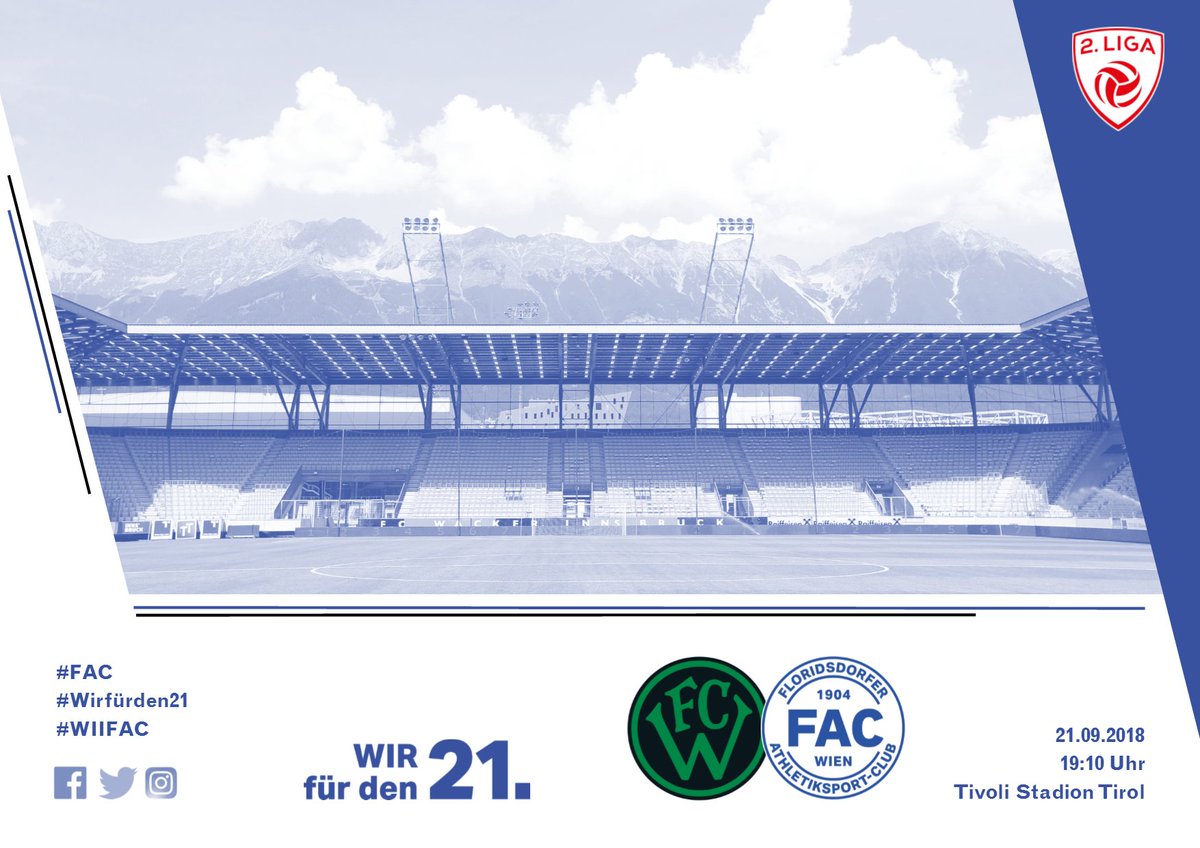 FACWien's tweet photo. #infotweet❕ Neuer Spieltermin 📅☝️ Unsere Partie bei den Amateuren des @wackerinnsbruck musste aufgrund der Spielauswahl der @OEFBL verschoben werden! Neuer Termin: Fr., 21.09.2018, 19:10 Uhr ⚽️💙 #FAC #Wirfürden21 #WIIFAC https://t.co/oofFcfsDuz