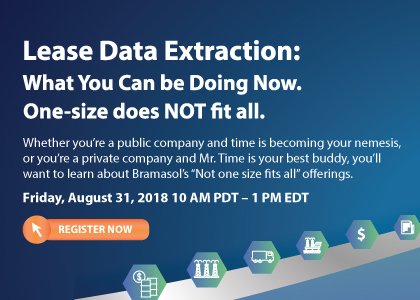 Bramasol's tweet image. Reminder to join Bramasol for our next #leasing webinar Friday Aug 31, 2018. register now  okt.to/GzIDAz
to learn What You Can be Doing Now as One-size does NOT fit all #SAPLeaseAdmin #DATA #DataExtraction #ASC842 #IFRS16