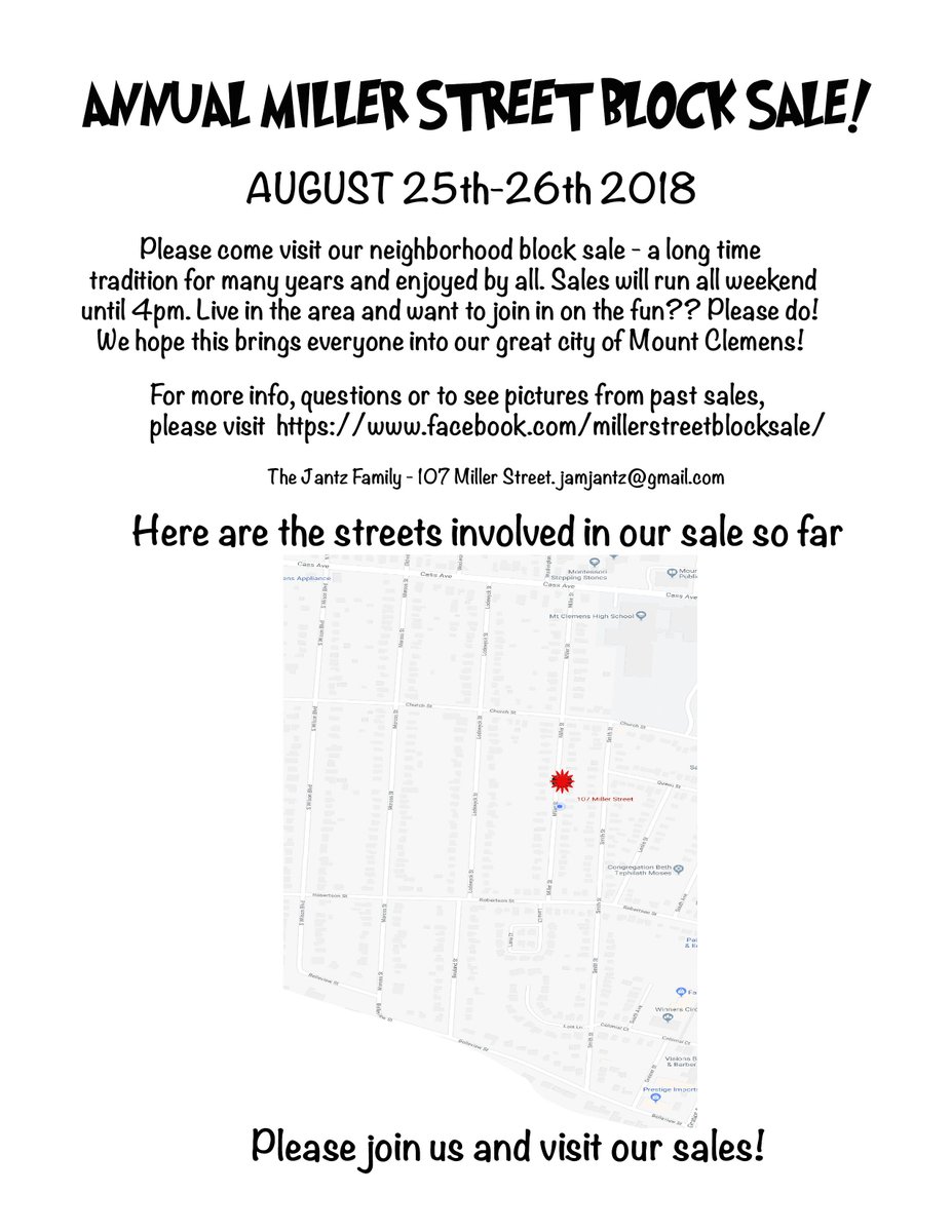 MountClemensDDA's tweet photo. Don't miss the annual Miller Street Block Sale August 25-26! #mountclemens #blocksale #yardsale #garagesale https://t.co/x8hzyk5LCw
