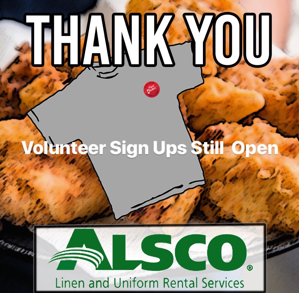 SFChickenCHS's tweet image. Thank you Alsco for the shirts our Southern Fried Chicken Challenge volunteers will be wearing September 8th! 

If you want to support your local charities, volunteer for the Challenge. Use the link below for our sign up page. 
southernfriedchickenchallenge.com/about-us/get-i…

#sfcc18 #chsfoodie #charity