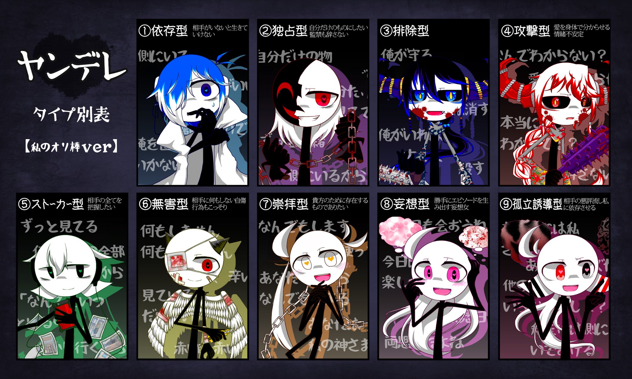 セシィ とある方のイラストを見ていたら描きたくなったので 私も描きました アナログ勢でなかなか描く機会がなかったので初の テンプレを使ったイラストです 皆さんはこの中ならどのタイプ どの子のヤンデレが好きでしょうか T Co Zrr96lf3zu