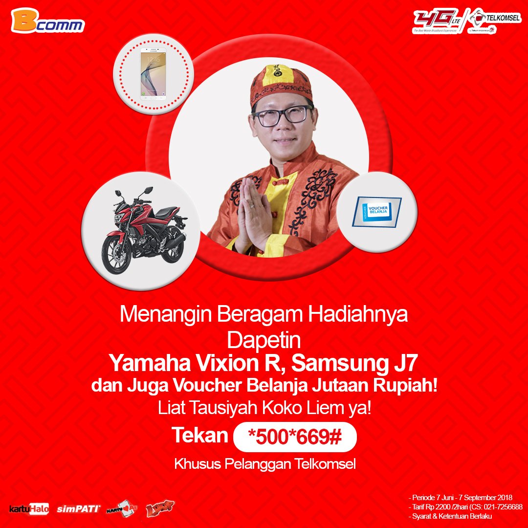 bcommofficial's tweet photo. Hai Pelanggan Telkomsel, Masih ada loh kesempatan dapetin Motor Keren Yamaha Vixion R!!! Buruan berlangganan Kulkat Bersama Koko Liem dengan cara Tekan *500*669#
Selain itu masih ada hadiah lainnya seperti Samsung J7 dan Voucher Belanja Jutaan Rupiah loh!! https://t.co/MXaGhrIkpQ