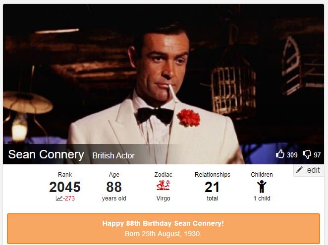 Happy BirthDay Sean

Sean Connery
88th Birthday 