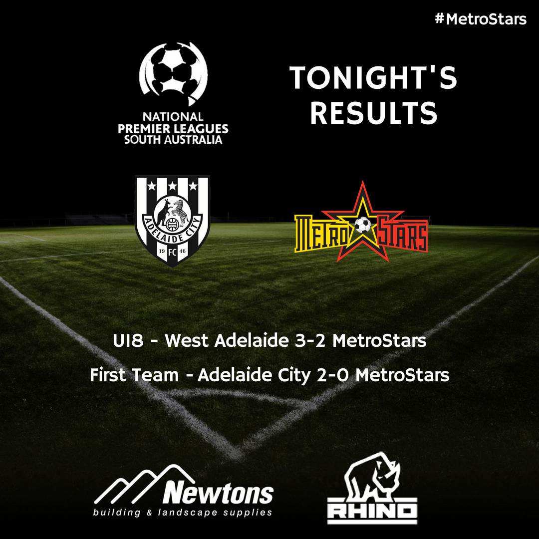 NE_MetroStars's tweet photo. Tonight's results. Bad luck to both the U18's and the First Team. Good luck to our #MetroStars Reserves next week in the Grand Final!
#NPLSA #ACvMS https://t.co/53luz6T3ox