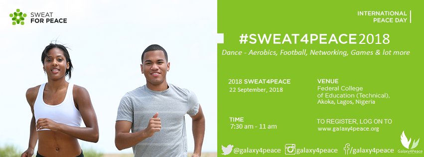 Vibrantkaybee's tweet image. It's weekend o'clock and only 4 weeks to go as we #Sweat4Peace in observance of #InternationalPeaceDay. 
Have you registered? 
Here is the quick link goo.gl/pBYftd to get yourself your FREE ticket 
@UNICEF @FIFA @adamugarba#Sweat4Peace2018
