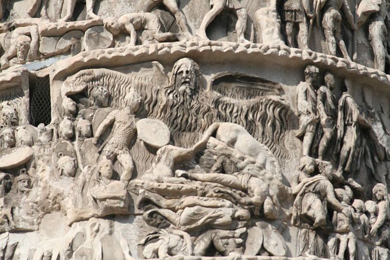 DrJEBall's tweet photo. The "Rain Miracle" depicted on the column of #MarcusAurelius. During the Marcomannic Wars, the Legio XII Fulminata was surrounded by the #Quadi & about to surrender through lack of water; it then rained, evidently through divine intervention, saving the #Roman soldiers. https://t.co/c9pxQRL3fS
