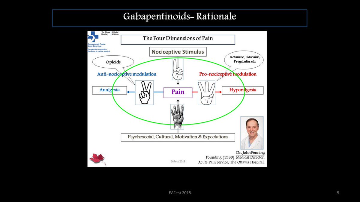 NaveenEipe's tweet image. Excellent point! 
Dr John Penning @OttawaHospital calls this aspect the 4th dimension of pain- 
motivational, expectational, cultural, psychosocial etc.
Need to assess (#Listen) and address (#Manage) all dimensions.
[Slide from my @EAFestival Lecture on #Gabapentinoids]