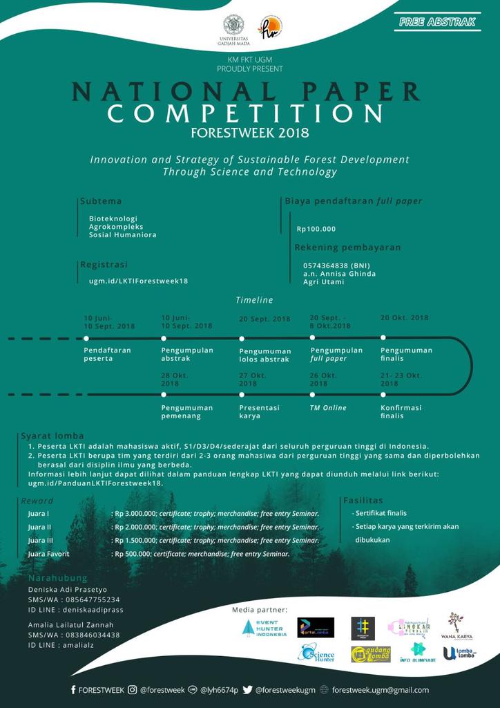forestweekugm's tweet photo. [FORESTWEEK 2018 : NATIONAL PAPER COMPETITION]

Kesempatan untuk unjuk keahlian dalam menulis karya ilmiah sudah dibuka!

Kami tunggu karya terbaikmu!
#forestweek2018 https://t.co/zcnU70hijV https://t.co/GJVLBmh3J2
