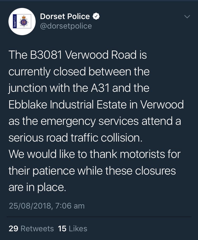 DorsetCulture's tweet photo. **ROAD CLOSED**
Ringwood Road towards #Ringwood from #Verwood CLOSED! 

Please find alternative routes, and please avoid the area if you can #B3081 #RingwoodRoad #TravelDorsetAlert #Accident

Follow @TravelDorset @DorsetPolice for latest updates! https://t.co/40dUYnuMHv