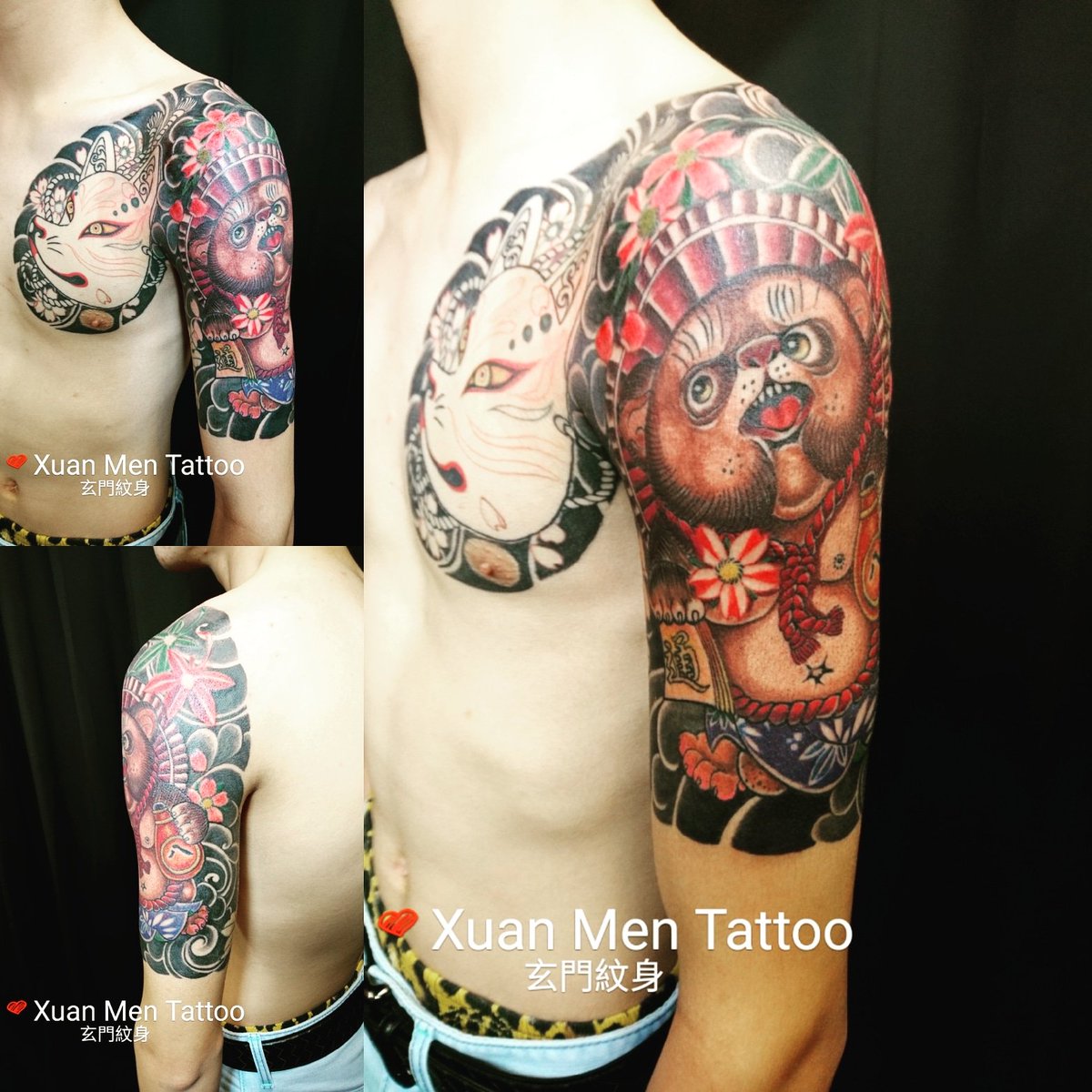 玄門紋身刺青改圖蓋圖على تويتر 日本狸貓與狐狸面具 半胛刺青 日式刺青 彰化刺青 員林刺青 玄門紋身 Tattoo