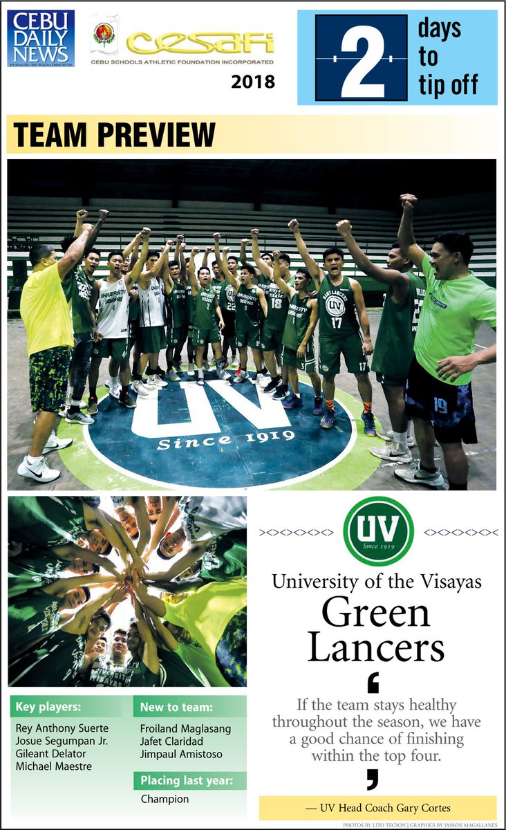 UVCampusCebu's tweet photo. LOOK: Cebu Daily News' preview of the University of the Visayas Green Lancers team for the 18th season of the Cesafi men's basketball tournament.

Check out video version here: https://t.co/bhSxsUTXHp
@OfficialUV https://t.co/DnuwpjEJPk