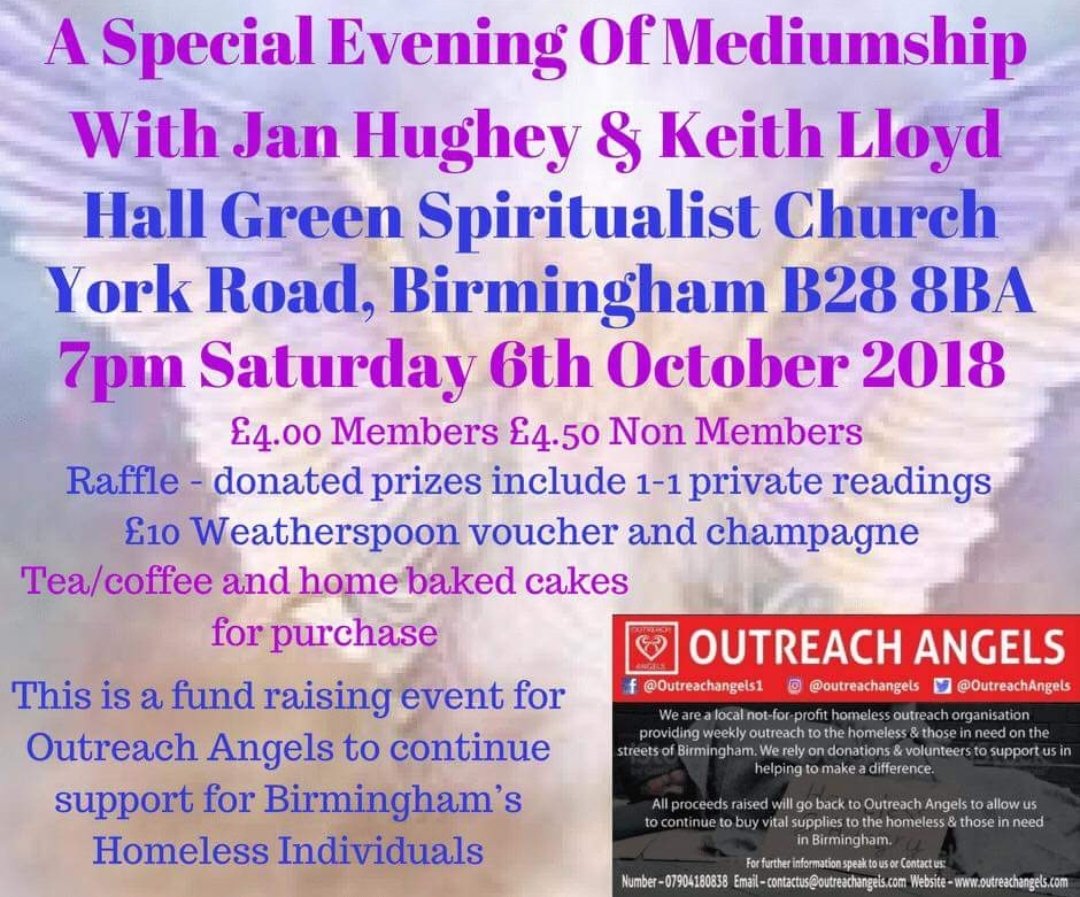 Come along Saturday 6th October to Hall Green Spiritualist Church for 7pm, first come first served, just £4.50 if your not a member! Share &amp; spread the word, bring friends &amp; family along with all proceeds coming back to #outreachangels to allow us to continue our work ❤
