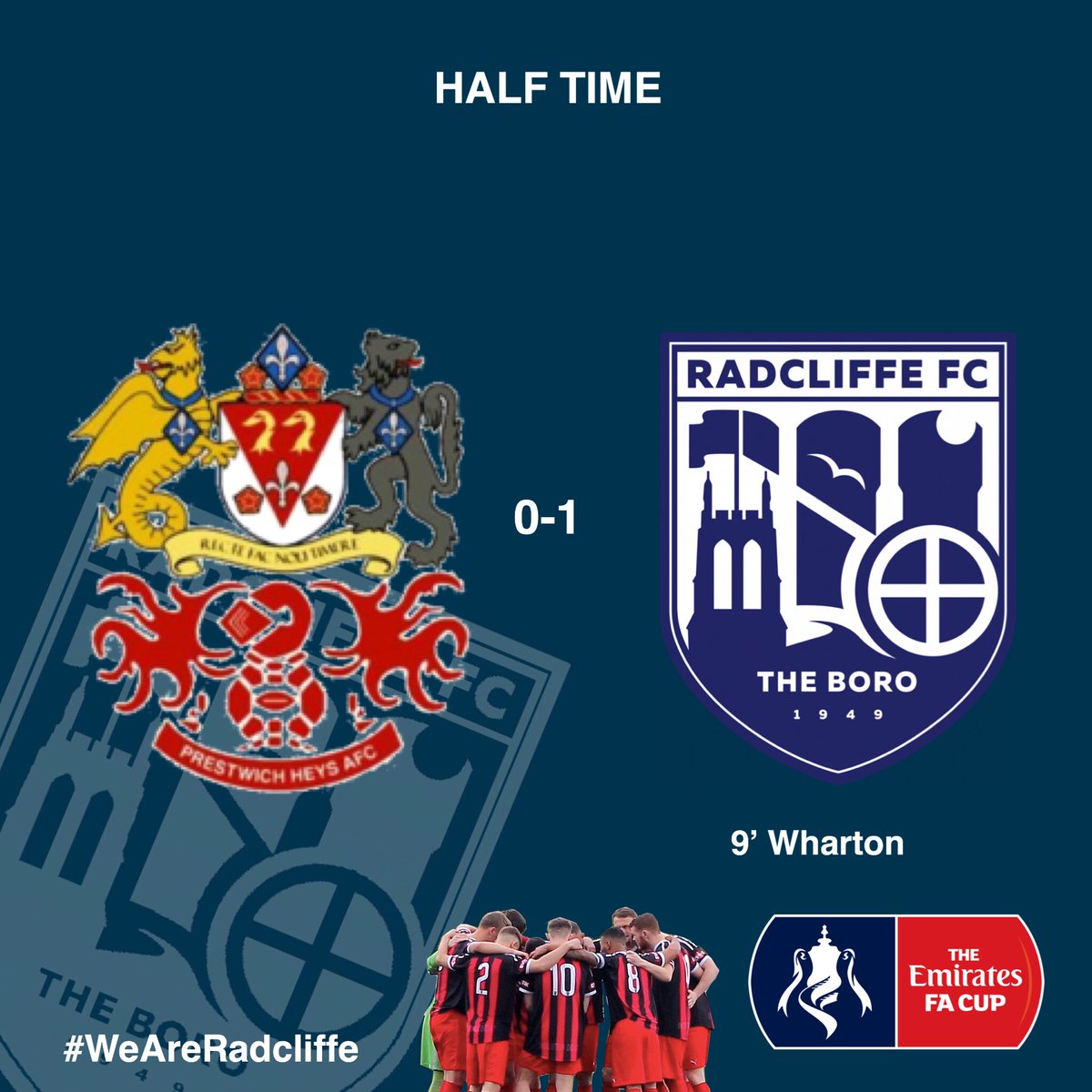 radcliffeboro's tweet photo. HALF TIME | @PrestwichHeysFc 0-1 Boro | Jon Macken’s side lead after an early Ben Wharton goal. Plenty of chances to double the lead but it’s 0-1 at the half #WeAreRadcliffe #BBCFaCup #emiratesfacup https://t.co/UGFOqrc7vv