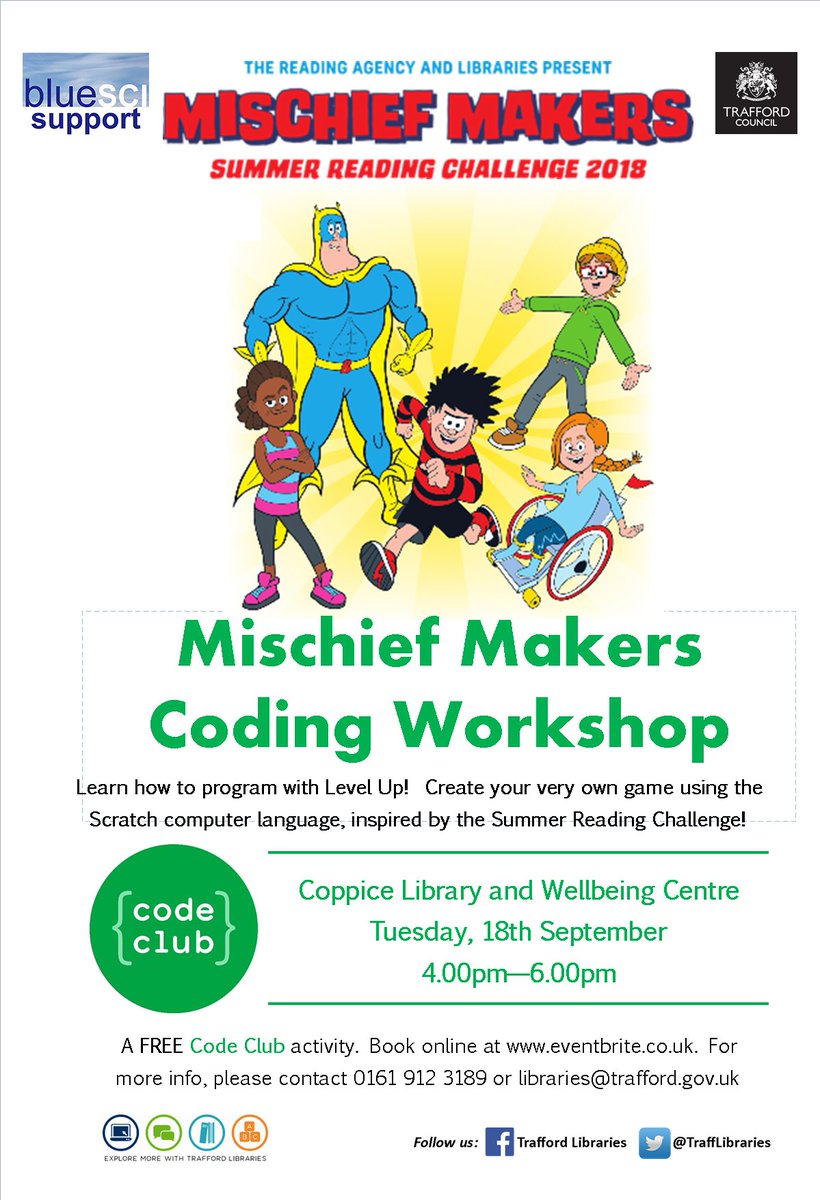 Come and join <a href="/Level_Up_HQ/">Level Up</a> on Tuesday, 18th September for a special coding workshop. Learn how to make your very own videogame using Scratch! Limited places, so please book in advance.
@CoppiceLibrary <a href="/TraffLibraries/">Trafford Libraries</a>