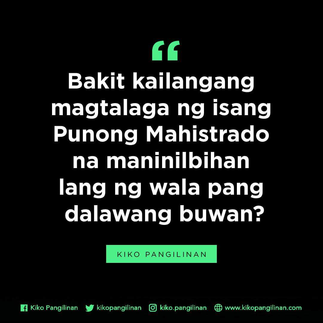 kikopangilinan's tweet photo. Di makakatulong sa pagpapalakas ng batas ang pagtalaga sa isang endo CJ.

Bakit kailangang magtalaga ng isang Punong Mahistrado na maninilbihan lang ng wala pang dalawang buwan? Ano'ng kabutihan nito sa bayan? Ano'ng halaga meron ito? Sayang. https://t.co/92pxJBCuAn