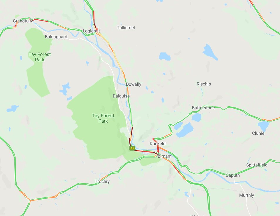 trafficscotland's tweet photo. *UPDATE* 14:50⌚️
#A9 remains ⛔️CLOSED⛔️ both ways at Kindallachan due to an RTC. Traffic slow on both approaches. N/B queue back to Dunkeld. S/B queue back to Ballinluig👎
#TakeAnotherRoute https://t.co/kxPxkzSxUn
