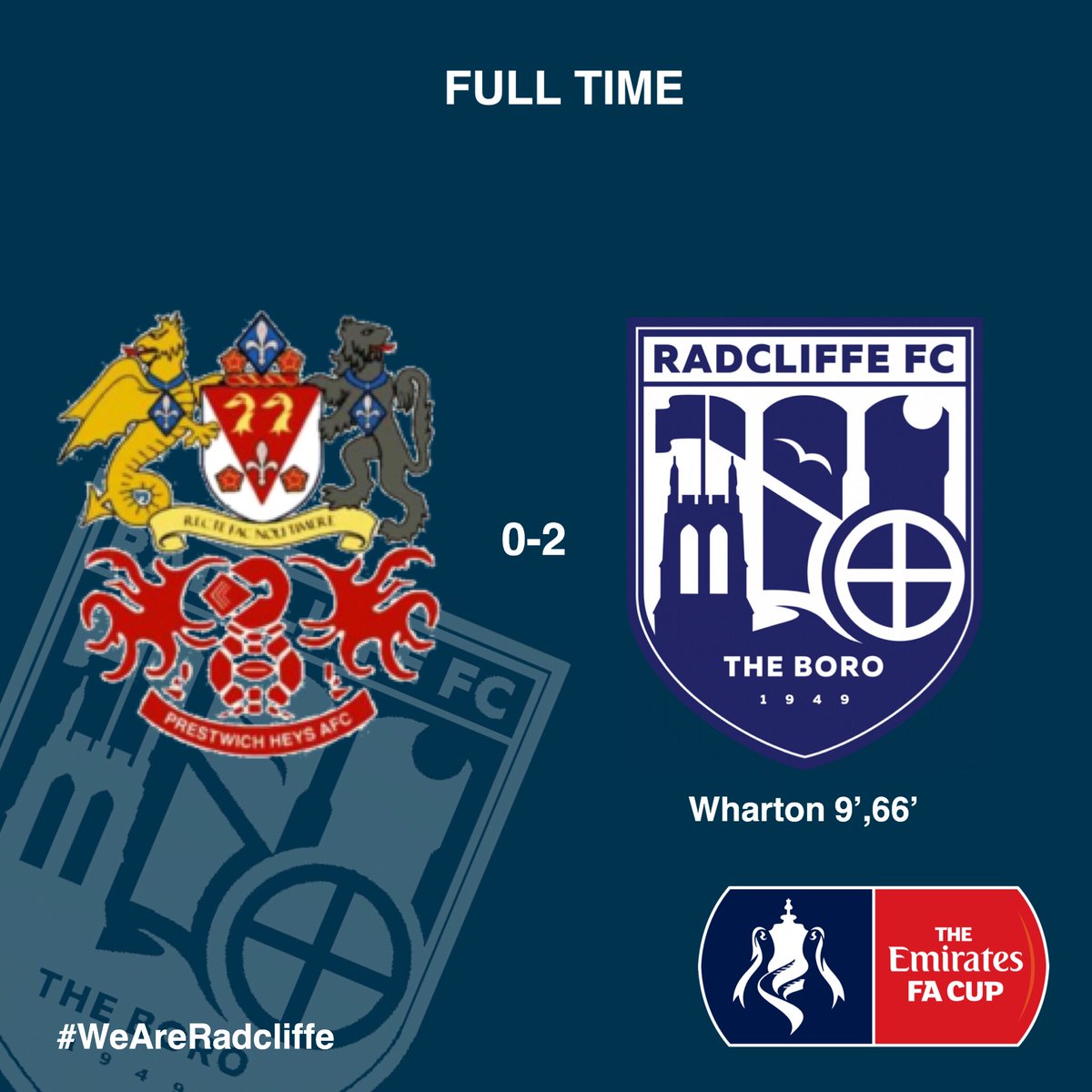 radcliffeboro's tweet photo. FULL TIME | @PrestwichHeysFc 0-2 Boro | A Ben Wharton double was enough to see off a strong Heys side. Great performance all round from Macken’s men. #WeAreRadcliffe #BBCFaCup #emiratesfacup https://t.co/wuwi8FcwhP