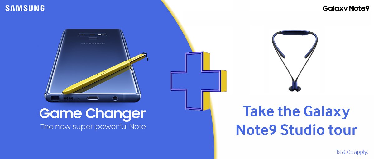 SamsungMobileSA's tweet image. Experience the Game Changer @SandtonCity today! Be one of the first 100 people to take the #GalaxyNote9Studio tour &amp;amp; get the #LevelU wireless headset!
PLUS if you buy the #GalaxyNote9 today, we’ll double your storage with a 128 GB SD memory card. Free software upgrades available.