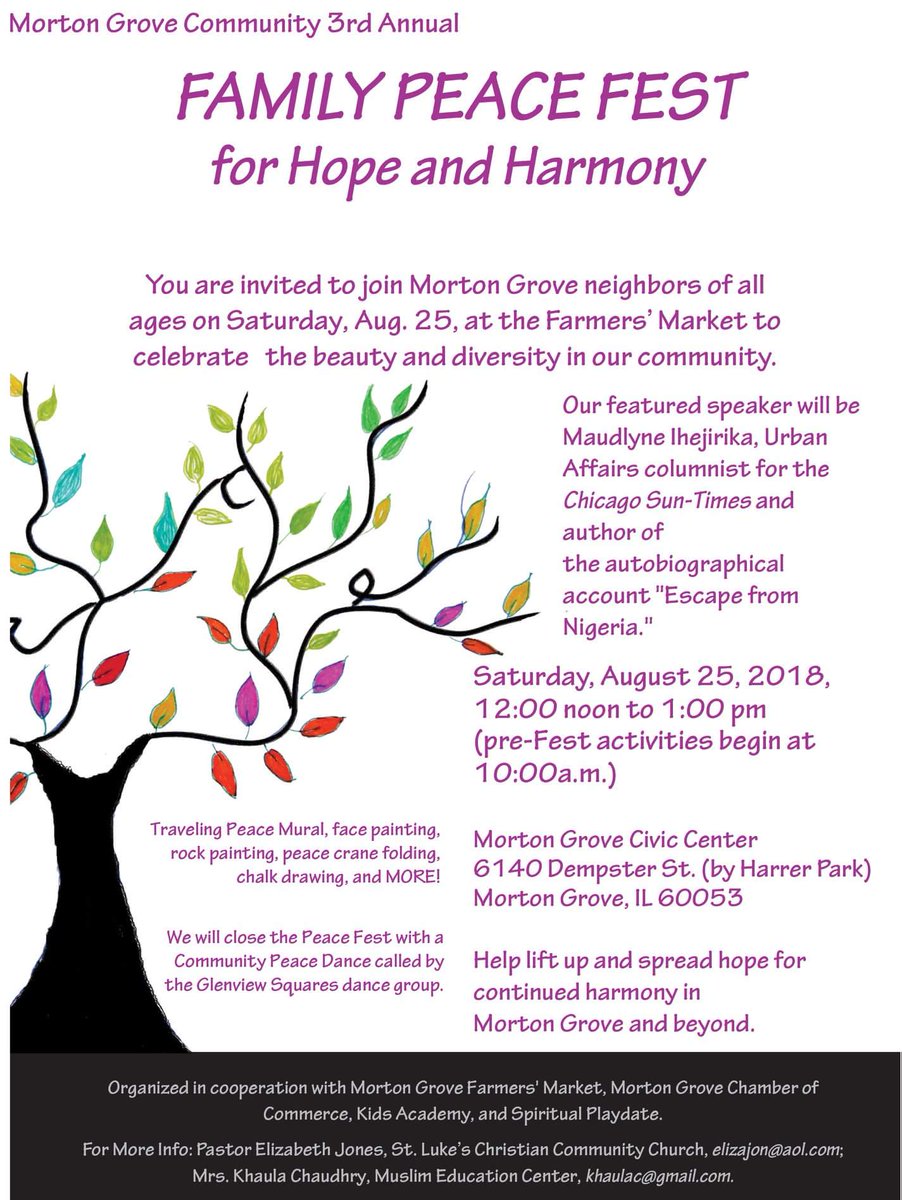 maudlynei's tweet photo. Congrats on a successful 3rd Annual #MortonGrove
#PeaceFest, @chaplaineliza!
#eachonereachone #embracediversity
#unityin!thecommunity #worldpeace 
@StLukesChurch2 https://t.co/3eiEixGJVJ