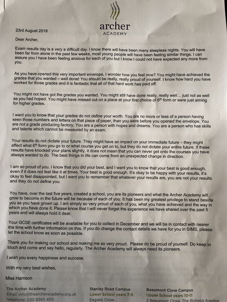 Dr Dalia M Dawoud The Letter Given To The Students At My Daughter S School On Their Gcse Results Day Is A Real Lesson In Life Archeracademy T Co H9q1xi5l4r