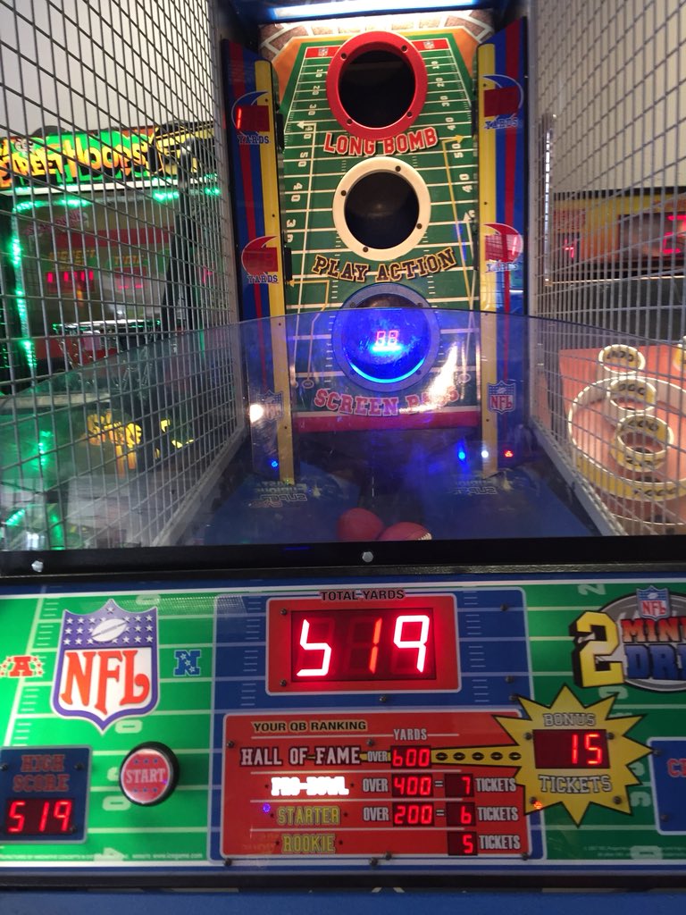 CrazyCodie's tweet photo. My daughter’s 6th birthday challenge at Chuck E Cheese has deteriorated into a 2-hour marathon challenge of pop-a-shot, street pop-a-shot, & QB Challenge. For the record according to the game I am a pro bowl QB. #DroppingDimes #TightWindows #ThrowEmOpen #ProBowl #DroppedAKnickel+ https://t.co/t6KMzKIYu2