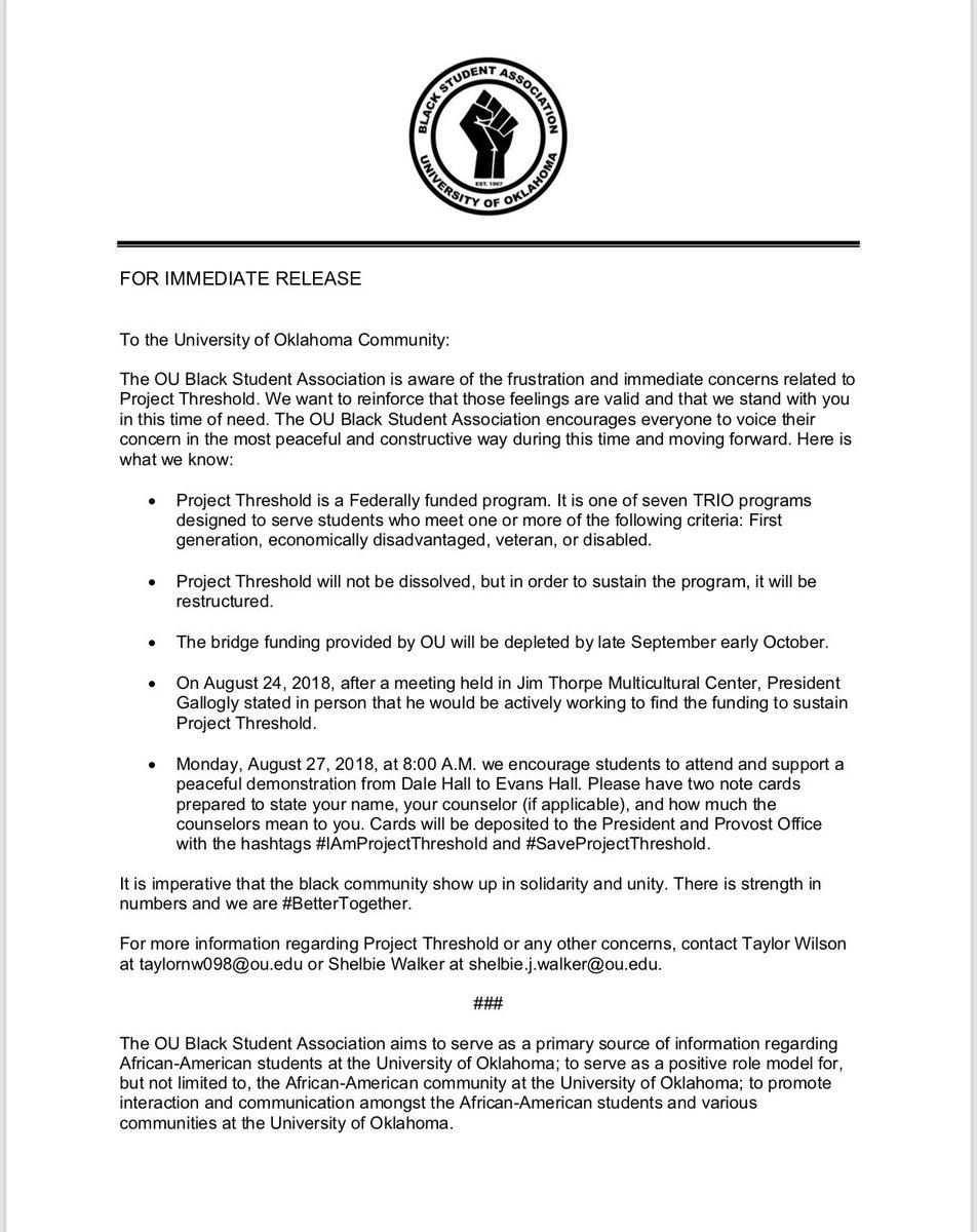 OUBSA1967's tweet photo. OU Black Student Association’s statement regarding Project Threshold. #SaveProjectThreshold #IAmProjectThreshold #BetterTogether https://t.co/GB36dbcPsS