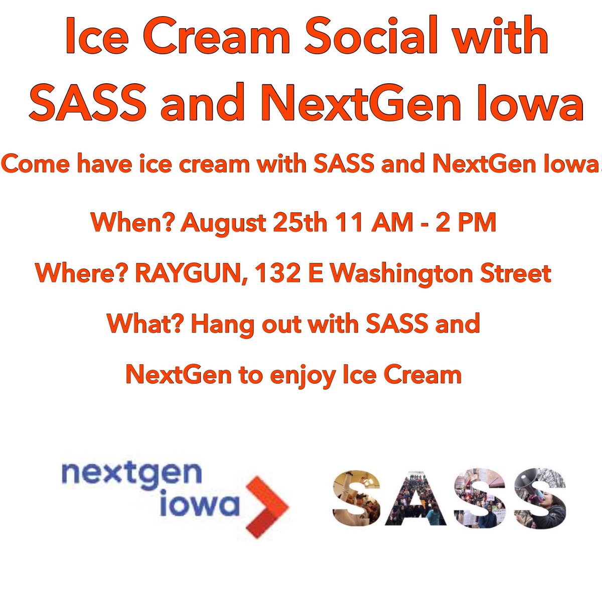 SASSIowa's tweet photo. Today! Join SASS and @NextGenAmerica for ice cream at @RAYGUNshirts Iowa City! If you need to register to vote or need an absentee ballot, we’ve got you covered! See you then! https://t.co/79ysSFRew7