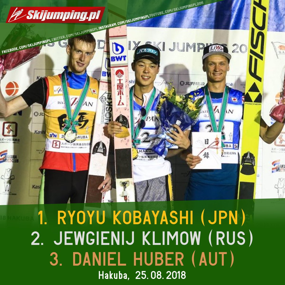 Skijumpingpl's tweet image. TOP3 - GP #Hakuba 25.08.2018:  
1. 🇯🇵 Ryoyu #Kobayashi  
2. 🇷🇺 Evgeniy #Klimov  
3. 🇦🇹 Daniel #Huber 
 Congratulations! #skijumpingfamily