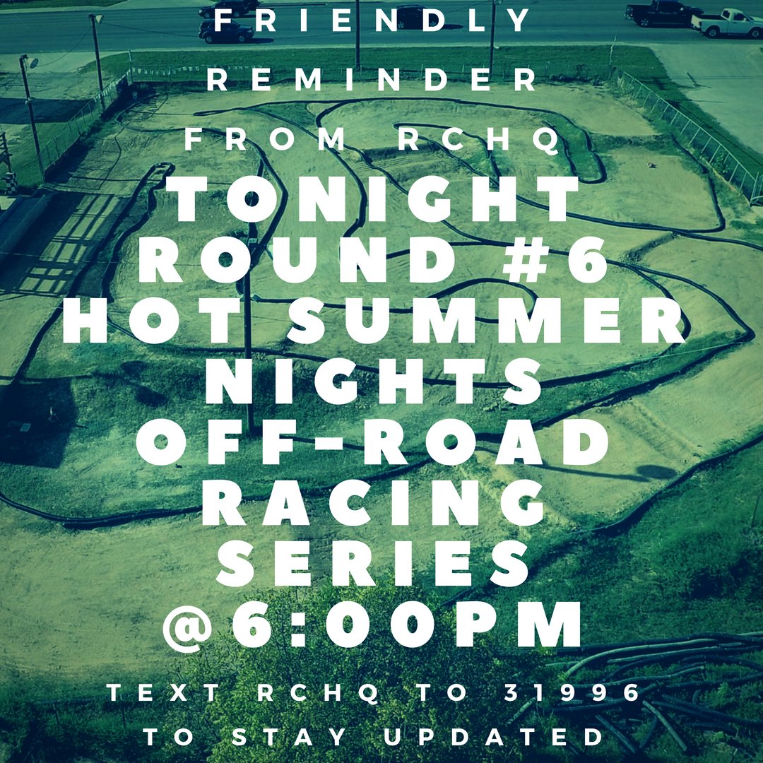 rchqonline's tweet photo. Tonight is round #6 of the Hot Summer Nights Racing Series at Radio Control Headquarters! 
 
#rcracing #sanantonio #sanantonioevents #rccar #traxxas #slash #ovalrcracing #ovaltrack #rctrack #rchq #offroadrc #radiocontrol #radiocontrolheadquarters #rctruck #rctrack #wxe https://t.co/tEaxS4MSBj