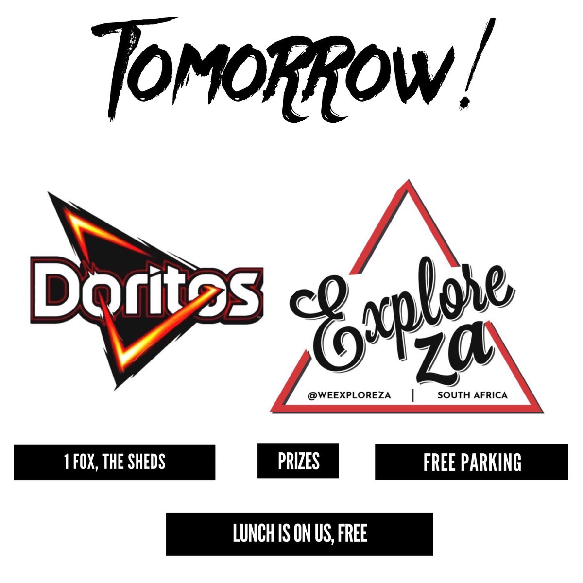 ExploreZA's tweet photo. Tomorrow at 10AM, we wanna spoil you the @doritos_sa way! Meet us at the Sheds, park for free, let’s take some photos thereafter you can lunch on us...for free 😉 We do this for you! So make sure you tag some friends &amp; we will see you there! #ExploreWithDoritos #ExploreZA https://t.co/fsQ1XbvJX6