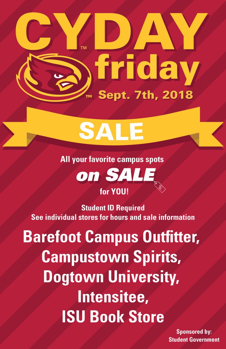 ISUStuGov's tweet photo. 13 days until the sale of the semester! You won’t want to miss it. #CyDayFriday https://t.co/UCdHbRa7oN