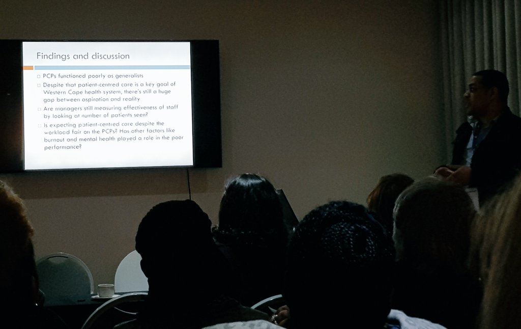 SUFamMed's tweet photo. #SANFPC18 Renaldo Christoffels presented his MMed research on #personcentredcare in #primarycare. His study highlighted the need for a paradigm shift ito changing the delivery of primary care, need for more training and reviewing what managers see as important (quality/quantity) https://t.co/rL95tBGBgi