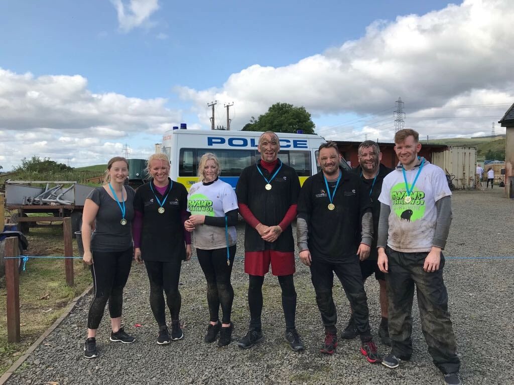 NCLanarkshire's tweet photo. Lecturing staff from @NCLanarkshire #Computing Departments took part in the @strathcarron1 #SwampChallenge this morning! Using the #positivity, #leadership and #teamwork that they normally use in the classroom to raise funds and awareness for this cause. Well done folks! ๐๐ป https://t.co/bXXe6SeNpW